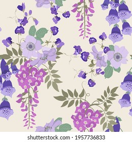 Seamless vector illustration with dog rose flowers, digitalis, sweet pea and wisteria. For decorating textiles, packaging, wallpaper.