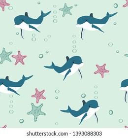 Seamless vector illustration with dolphins . For decoration of textiles, packaging, web design.