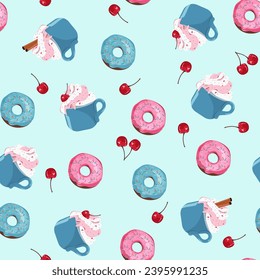 Seamless vector illustration with donuts and milkshake on a blue background. For decorating textiles and packaging.