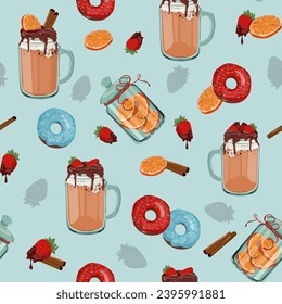 Seamless vector illustration with donuts, strawberries and orange in cream on a blue background. For textile decoration, packaging, web design.