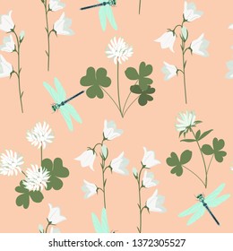 Seamless vector illustration with dragonfly and campanula on a beige background. For decorating textiles, packaging, web design.