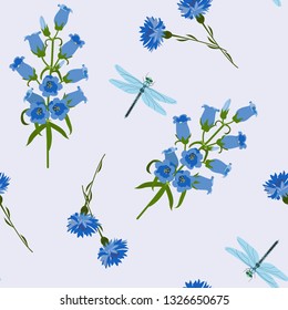 Seamless vector illustration with dragonfly ,cornflower and campanula on a light blue background. For decorating textiles, packaging, web design.