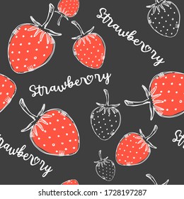 Nahtlose Vektorgrafik. Zeichnung von Erdbeeren auf schwarzem Hintergrund.