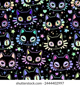 Ilustración vectorial sin costuras. Dibujado cabezas brillantes y aterradoras de gatos sobre un fondo negro