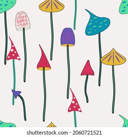 Seamless Vector illustration drawn by hand,  family of cartoon abstract mushrooms on a white background