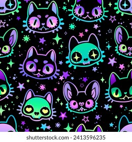 Seamless vector illustration. Drawn cute animals in bright colors on a black background
