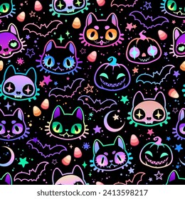 Seamless vector illustration. Drawn cute animals in bright colors on a black background