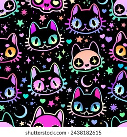 Seamless vector illustration. Drawn cute animals in bright colors on a black background