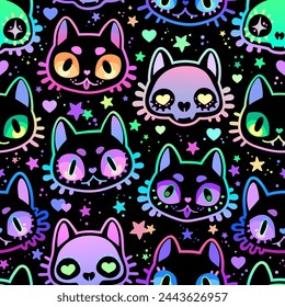 Seamless vector illustration. Drawn cute animals in bright colors on a black background