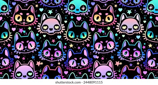 Seamless vector illustration. Drawn cute animals in bright colors on a black background