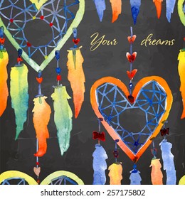 Seamless vector illustration with dream catchers on the blackboard background. Vector illustration with hearts 