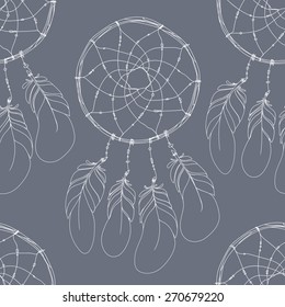 Seamless vector illustration with dream catchers on the gray background. Can be used for textile, wallpaper and different things