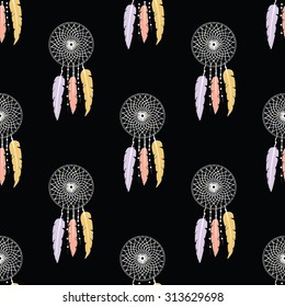 Seamless vector illustration with dream catchers on the black  background. Vector illustration