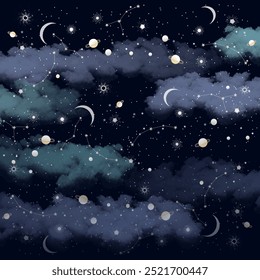 Una Ilustración vectorial perfecta de un cielo nocturno de ensueño con nubes, constelaciones y planetas. Perfecto para patrones textiles, Fondo de pantalla y fondos digitales.