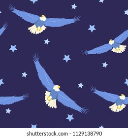 Seamless vector illustration with eagles soaring in the night sky and stars. For decorating textiles, packaging and wallpaper.