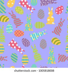Seamless vector illustration with easter bunnies and eggs on a blue background. To decorate the fabric, paper, wallpaper.