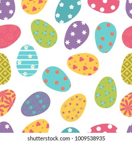 Seamless vector illustration with easter eggs on white background. For decorating textiles, packaging.
