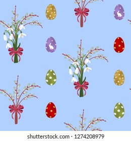 Seamless vector illustration with Easter eggs, snowdrops, willow branches on a blue background. For decorating textiles, packaging, web design.