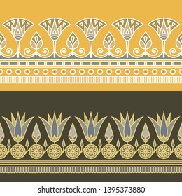 Seamless vector illustration of Egyptian national ornament with a lotus flower on yellow and dark background.