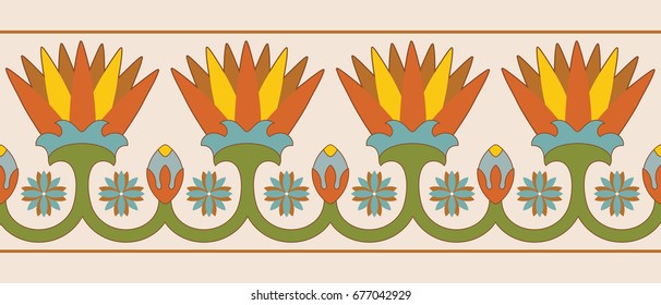 seamless vector illustration of Egyptian national ornament with lotus flower on beige background.