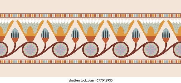 seamless vector illustration of Egyptian national ornament with lotus flower on beige background.