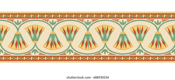 Seamless vector illustration of Egyptian national ornament with lotus flower on beige background.