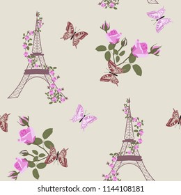 Seamless vector illustration with Eiffel tower, roses and butterflies. For decoration of textiles, packaging and web design.