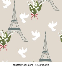 Seamless vector illustration with eiffel tower, pigeons and bouquets of lilies of the valley. For decoration of textiles, packaging, poster, cover.