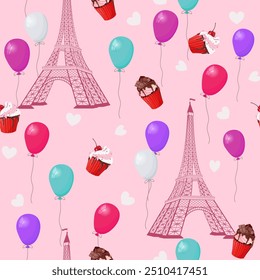 Ilustração vetorial perfeita com torre Eiffel, balões de ar e bolos. Para decoração de têxteis, embalagem.