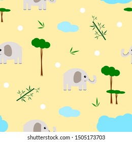 Seamless vector illustration of elephant, cane , Clouds and trees on an orange background