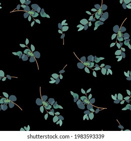 Ilustración vectorial sin foco con hojas de eucalipto sobre un fondo negro. Para decorar textiles, embalajes.