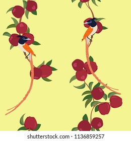 Seamless vector illustration with exotic birds and apples on a yellow background. For decorating textiles, packaging and wallpaper.