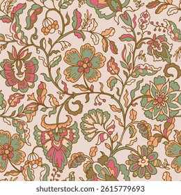 Seamless vector illustration with exotic flowers and foliage in vintage style on cream background. Perfect for fabric, decor and stationery.