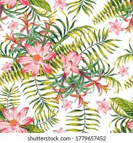 Seamless vector illustration exotic lily, lotus flowers and fern, palm leaves on the white background. Design fabric pattern, trendy abstract floral wallpaper.