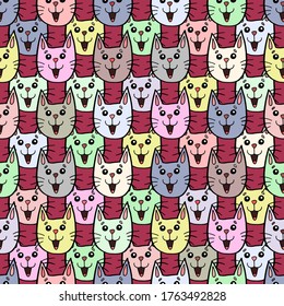 patrón de tela de ilustración vectorial transparente con gatos graciosos