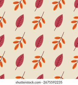 Ilustración vectorial sin costuras con un patrón de hojas de otoño en colores cálidos. El diseño repetitivo muestra hojas naranjas y rojas, ideales para fondos de temporada y textiles