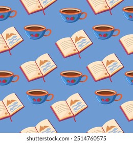 Una Ilustración vectorial perfecta con libros y tazas de café. Perfecto para diseños acogedores, intelectuales y proyectos creativos relacionados con la lectura o la cultura del café.