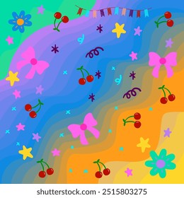 Seamless vector illustration featuring bows and flowers on a gradient background with stars and cherry patterns. Ideal for wrapping paper and summer-themed wallpapers.