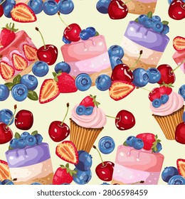 Seamless vector illustration featuring cakes and berries. Ideal for decorating textiles and packaging.