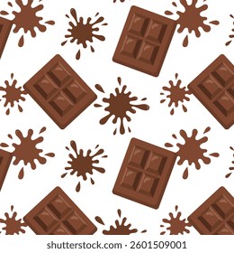 Seamless vector illustration featuring chocolate bars and splashes against a white background. The playful pattern showcases the rich texture of chocolate in a fun arrangement.