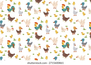 Nahtlose Vektorgrafik mit bunten Nutztieren wie Hühnern, Enten und Gänsen auf weißem Hintergrund. Perfekt für Kinderprodukte, Textilien und Designs.