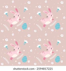 Seamless vector illustration featuring cute hare, Easter eggs with pastel decorations, flowers, and festive symbols, perfect for children s clothing, holiday wrapping paper, and spring-themed designs