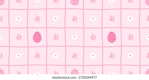 Ilustración vectorial sin fisuras con bonitos huevos de Pascua con decoraciones pastel, flores y símbolos festivos, perfecto para la ropa de los niños, papel de regalo de vacaciones y diseños de temática de primavera