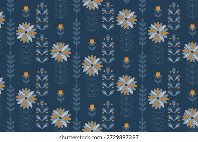 Ilustración vectorial sin fisuras con margaritas y hojas estilizadas en un patrón floral armonioso. El diseño utiliza tonos azules profundos, naranjas y blancos, creando un contraste llamativo.