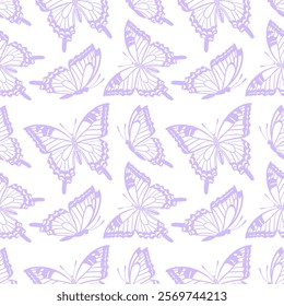 A seamless vector illustration featuring delicate flying swallowtail butterflies in soft pastel purple hues. This elegant design captures the grace of nature, ideal for various creative projects