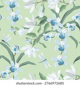 Seamless vector illustration featuring magnolia and orchid flowers, as well as dragonflies. This illustration would be suitable for use in textile decoration, packaging, and wallpaper design.