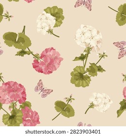 Seamless vector illustration featuring pelargonium flowers and butterflies against a light background. Suitable for use in textiles, packaging, and paper.