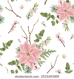 A seamless vector illustration featuring pink poinsettias, branches, eucalyptus, and pine elements in soft pastel tones, perfect for Christmas-themed designs or winter holiday decoration backgrounds.