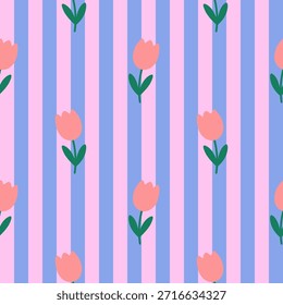 Seamless vector illustration featuring pink tulips on a purple and blue striped background. Ideal for textiles and wallpapers, this pattern emphasizes floral themes and geometric alignment.
