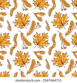 seamless vector illustration featuring playful doodles of maple leaves and seeds. The design showcases intricate details and vibrant lines, perfect for autumn-themed projects, textiles, backgrounds